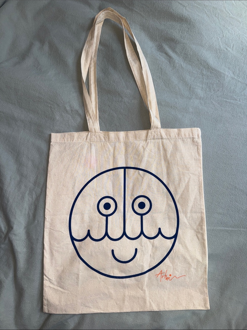 Studio Arhoj Smile Face Tote Bag in Natural with Navy Print